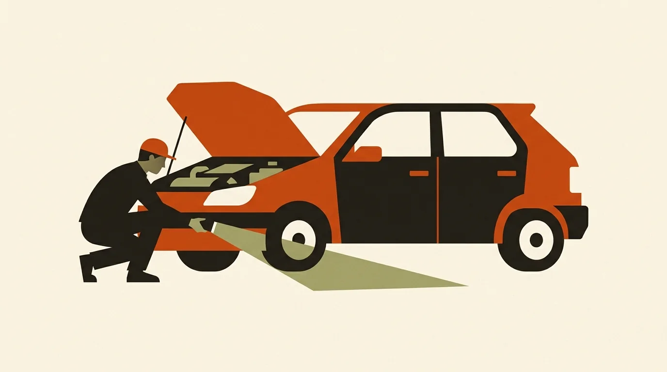 Ilustracja: osoba z latarką ogląda używane auto z otwartą maską